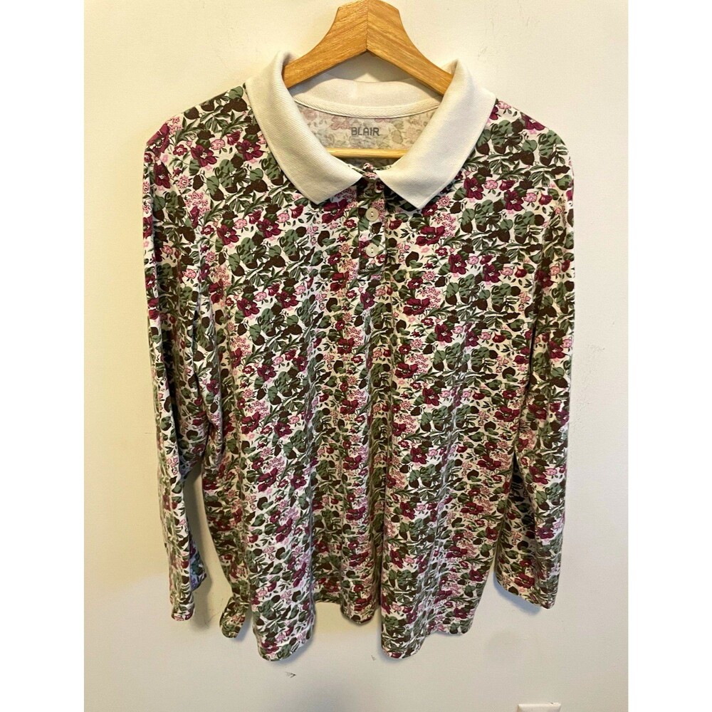 Blair Women’s Floral Polo Top White Collared Button Front Long Sleeve Size L